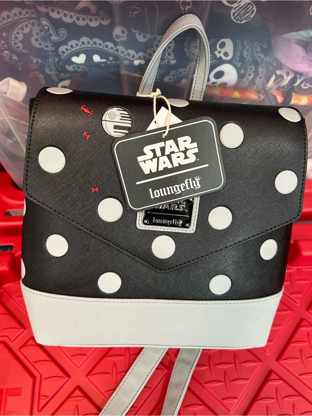 NWT Loungefly Star Wars Black & Gray Polka Dot Mini Backpack